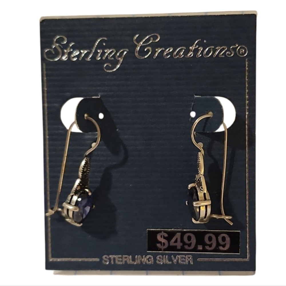Vintage Boho Sterling Creations Blue Tanzanite Dangle Drop Earrings 925 Silver